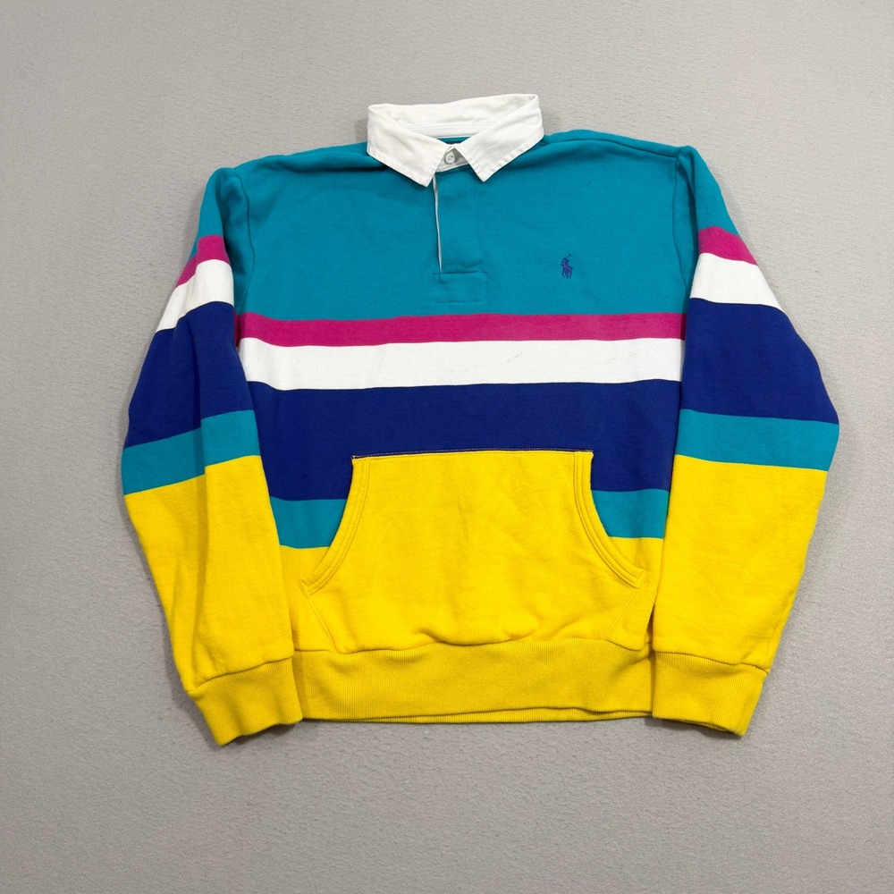 Polo Ralph Lauren RL Fleece Rugby Shirt Men XL Multi Color Striped Long Sleeve